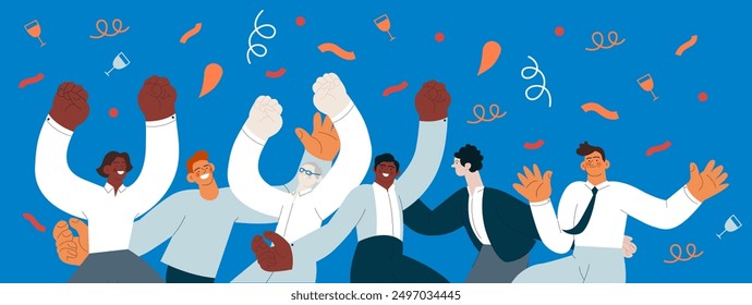 Collection of happy business employee males jumping in the air cheerfully on colorful background with graphic elements. Modern flat vector illustration. Social media concept.