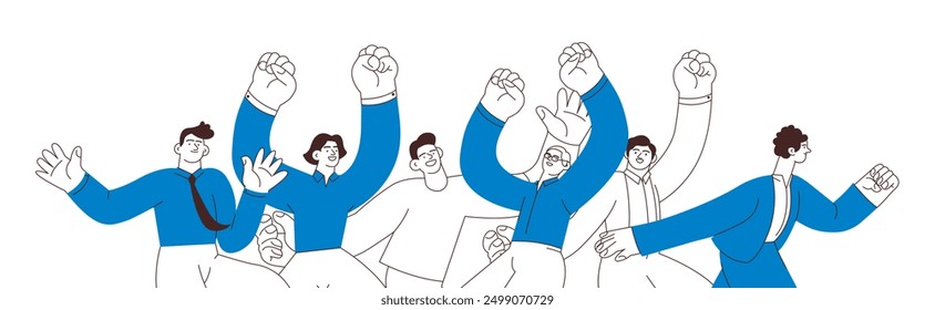 Collection of happy business employee males jumping in the air cheerfully isolated on white background. Black and white modern flat vector illustration. Social media concept.