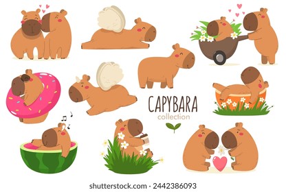 Colección de capibaras felices, personajes de capibara en estilo plano de dibujos animados. Ilustración vectorial.