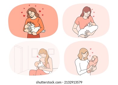 Collection of happy caring young mother with little baby infant in hands. Set of smiling loving mom with newborn excited with motherhood. Parenthood and maternity. Vector illustration. 