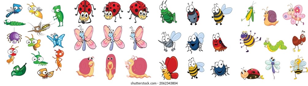 Collection happy cartoon insects. Cute insects. Big set of cartoon insects for kids