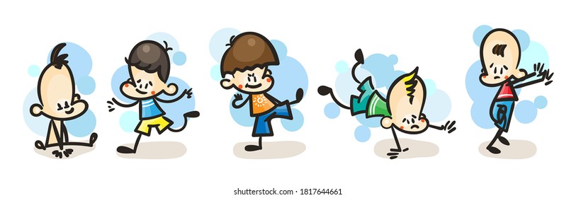 Collection of happy cartoon kid boys, colored hand drawn doodle outline style. Vector set