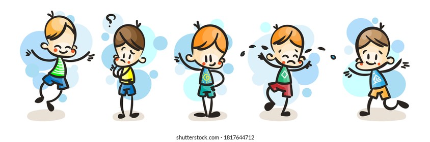 Collection of happy cartoon kid boys, colored hand drawn doodle outline style. Vector set