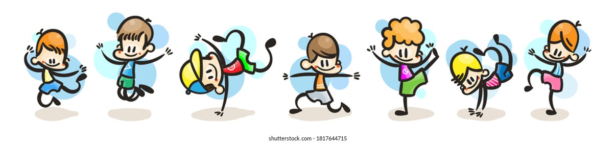 Collection of happy cartoon kid boys, colored hand drawn doodle outline style. Vector set