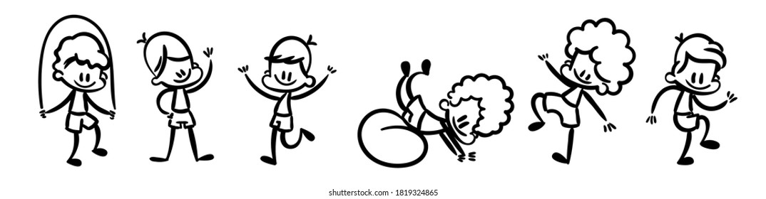 Collection of happy cartoon kid boys, lined hand drawn doodle outline style. Vector coloring sport set