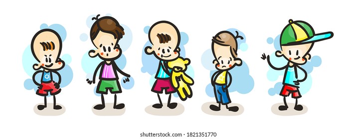 Collection of happy cartoon kid boys, colored hand drawn doodle outline style. Vector set