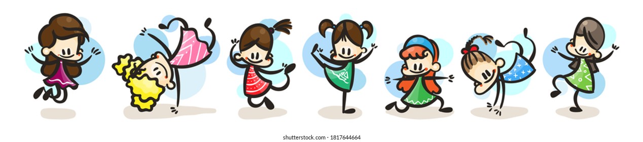 Collection of happy cartoon kid girls, colored hand drawn doodle outline style. Vector set