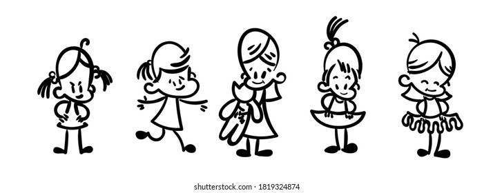 Collection of happy cartoon kid girls, lined hand drawn doodle outline style. Vector coloring set