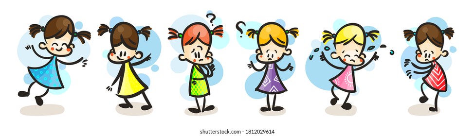 Collection of happy cartoon kid girs, colored hand drawn doodle outline style. Vector set