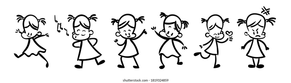 Collection Happy Cartoon Kid Girs Lined Stock Vector (Royalty Free ...