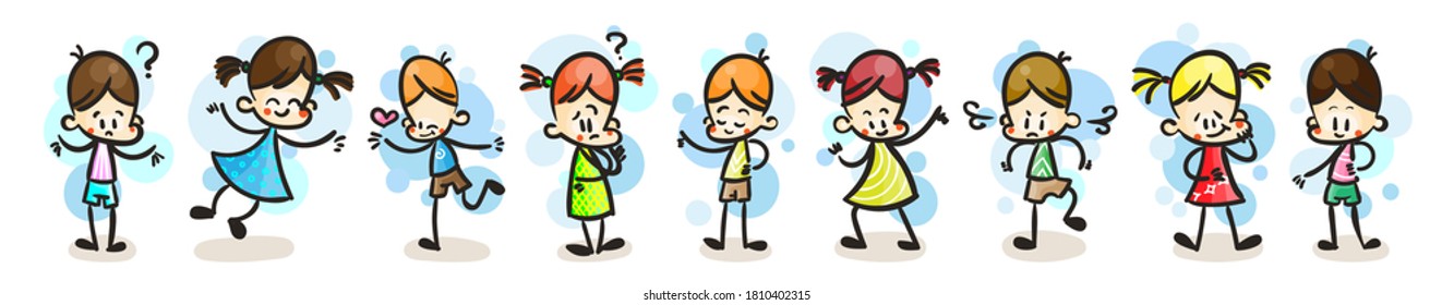 Collection of happy cartoon kids, colored hand drawn doodle outline style. Vector set