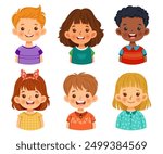 Collection of happy and cheerful children. Cute faces of different nationalities boys and girls. Vector illustration