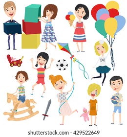 Collection of happy children in different positions playing, running and smiling