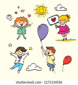 Collection of happy children illustration. Easy editable