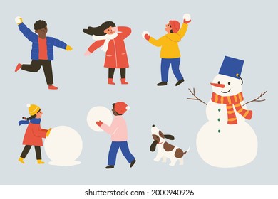 Collection of happy children playing in snow. Flat illustration of winter activities, including snowball fight and making snowman.