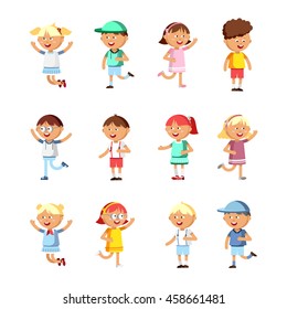Collection of happy children. Vector set illustration of cute kids. Boys and girl character in different positions. Group of preschool children.