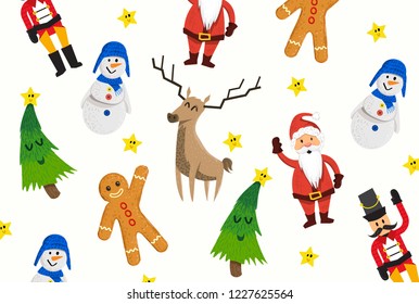 A collection of happy Christmas characters smiling and waving. Vector illustration pattern.
