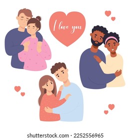 Collection happy couples in love. Cute fair-skinned and dark ethnicity peoples gently hug. Vector illustration in flat cartoon style. Isolated loving pairs for design, postcards, valentines