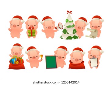 Collection of happy cute Christmas pig isolated vector on white background