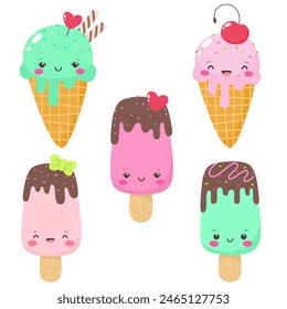 Collection of happy and cute ice creams, ice cream characters in flat cartoon style, emoticon. Vector illustration.