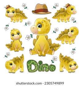 A collection of happy and cute yellow dinosaurs. vector illustration