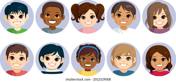 Collection of happy diverse little children smiling face avatar
