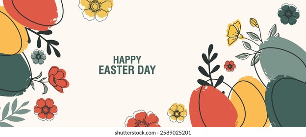 collection of Happy Easter banner and poster card. Trendy Easter design with draw eggs, bunny ears, in pastel colors. set of Horizontal greeting easter day background in Modern and minimal style.