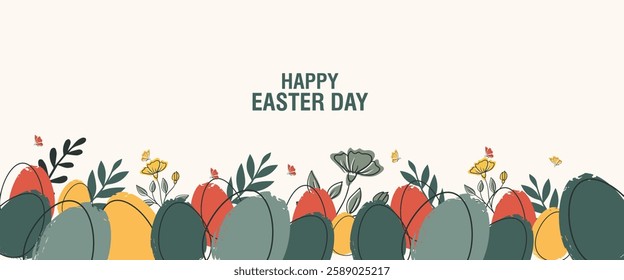 collection of Happy Easter banner and poster card. Trendy Easter design with draw eggs, bunny ears, in pastel colors. set of Horizontal greeting easter day background in Modern and minimal style.