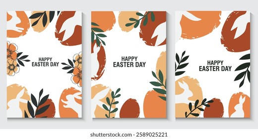 collection of Happy Easter banner and poster card. Trendy Easter design with draw eggs, bunny ears, in pastel colors. set of Horizontal greeting easter day background in Modern and minimal style.