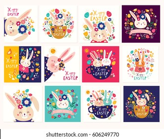 Collection of Happy easter cards. Holiday easter illustrations in cartoon style. Stylish holiday backgrounds.