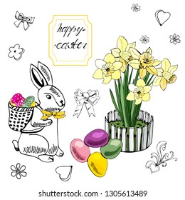 Collection of happy easter elements. Hand drawn sketch of rabbit, spring flowers, bows and eggs.Vector illustration.