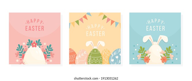 Collection of Happy Easter greeting cards. Set of posters for Holiday. Decorated Egg with various ornaments, Blooming Spring Flowers, Leaves and Bunny Rabbit Ears. Template Design. Vector illustration