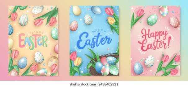 Collection of Happy Easter greeting cards with colorful painted Easter eggs, realistic spring flowers (tulips), nest with 3d pastel colored eggs and glossy confetti on blue, pink and yellow background