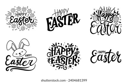 Collection of Happy Easter inscription banner. Handwriting text banners set Happy Easter lettering. Hand drawn vector art.