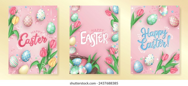 Collection of Happy Easter pink greeting cards or posters with colorful painted Easter eggs, realistic spring flowers (tulips), nest with 3d pastel colored eggs and glossy confetti for celebration.