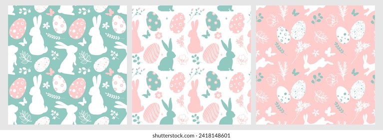 Collection of Happy Easter seamless patterns with bunnies, eggs, flowers and greenery. Cute hand drawn vector illustrations, easter doodle background for wrapping paper, banner, greeting card, poster.