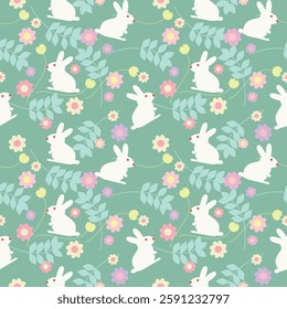 Collection of Happy Easter seamless patterns with bunnies and blossoms for the background.