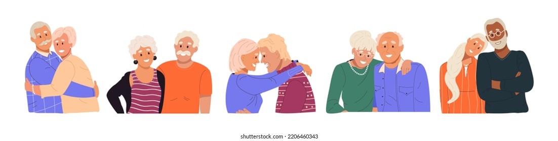 Colección de parejas de adultos mayores felices. Acostumbrado por hombres y mujeres mayores. Conjunto de personas maduras y románticas. Día Internacional de las Personas de Edad, Abuelos, Concepto de San Valentín. Ilustración vectorial plana