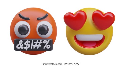 Collection with happy emoticon and with covering mouth in red color. Emoji mad, angry, swearing character. Vector illustration in 3d style with white background