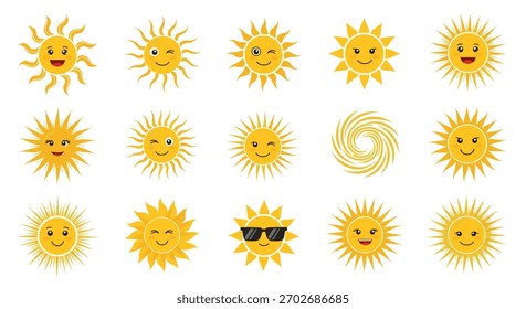 A collection of happy and expressive sun characters with various emotions and styles on a white background.