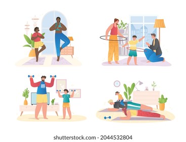 Collection of happy families doing sport exercises at home together on white background. Parents working out with kids, practicing yoga indoors. Flat cartoon vector illustration