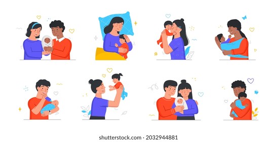 Collection of happy families with their newborn children. Moms and dads take care of kids, feed them, lull them to sleep and play with them. Responsible and attentive attitude. Cartoon flat vector set