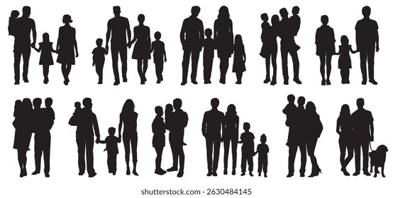 Collection of happy family silhouettes on transparent background.