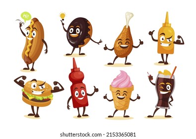 Collection happy fast food characters vector flat illustration. Set funny face expression hot dog, glaze donut, chicken leg, mustard spicy bottle, burger, ketchup, ice cream, soda fizzy water isolated