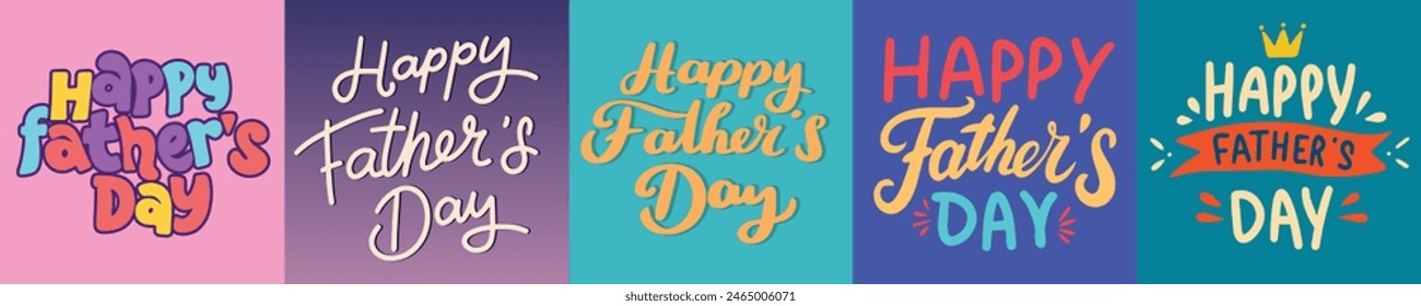 Collection of Happy Father's Day text banner square composition. Hand drawn vector art.