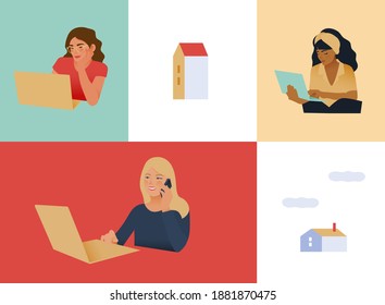 Collection of happy freelance women of different skin tones at work and holding smartphone on colourful background with graphic elements. Modern flat vector illustration. Remote work. 