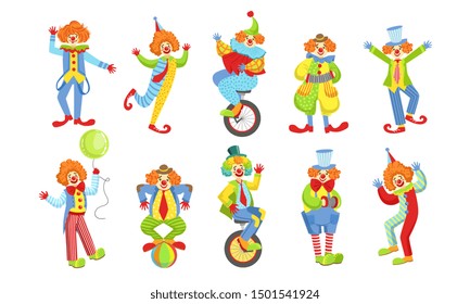 Collection of Happy Funny Clowns in Action Poses, Funny Circus Comedian Characters in Costumes. Vector Illustration.