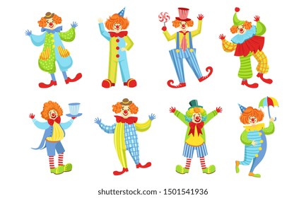 Collection of Happy Funny Clowns in Action Poses. Funny Circus Comedian Characters in Bright Costumes. Vector Illustration.