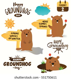 Collection of Happy Groundhog Day Typographic Vector Design. Set of Marmot Cartoon Vector Illustrations Forecasting the Weather