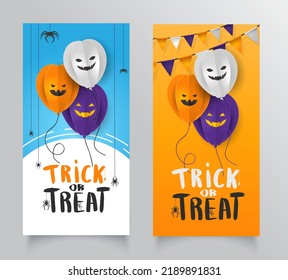 Collection Happy Halloween banner design template with paper balloon pumpkins, emojis, wichiringa flags and coffetti. Illustration for the holiday